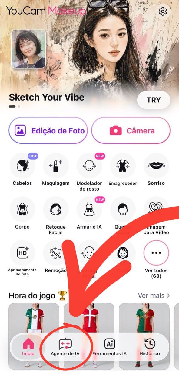 Tela inicial do YouCam Makeup com a opção Agente de IA destacada para criar e editar fotos com IA.