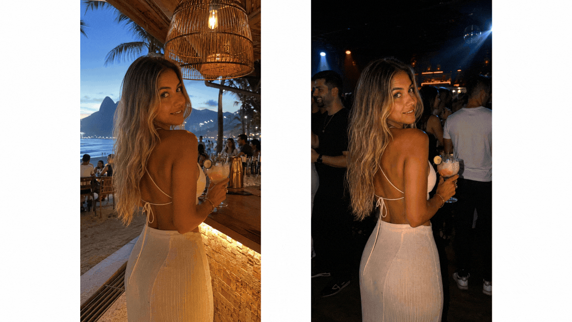 Mulher de costas em bar na praia e em balada à noite, mostrando o efeito de fotos com flash.
