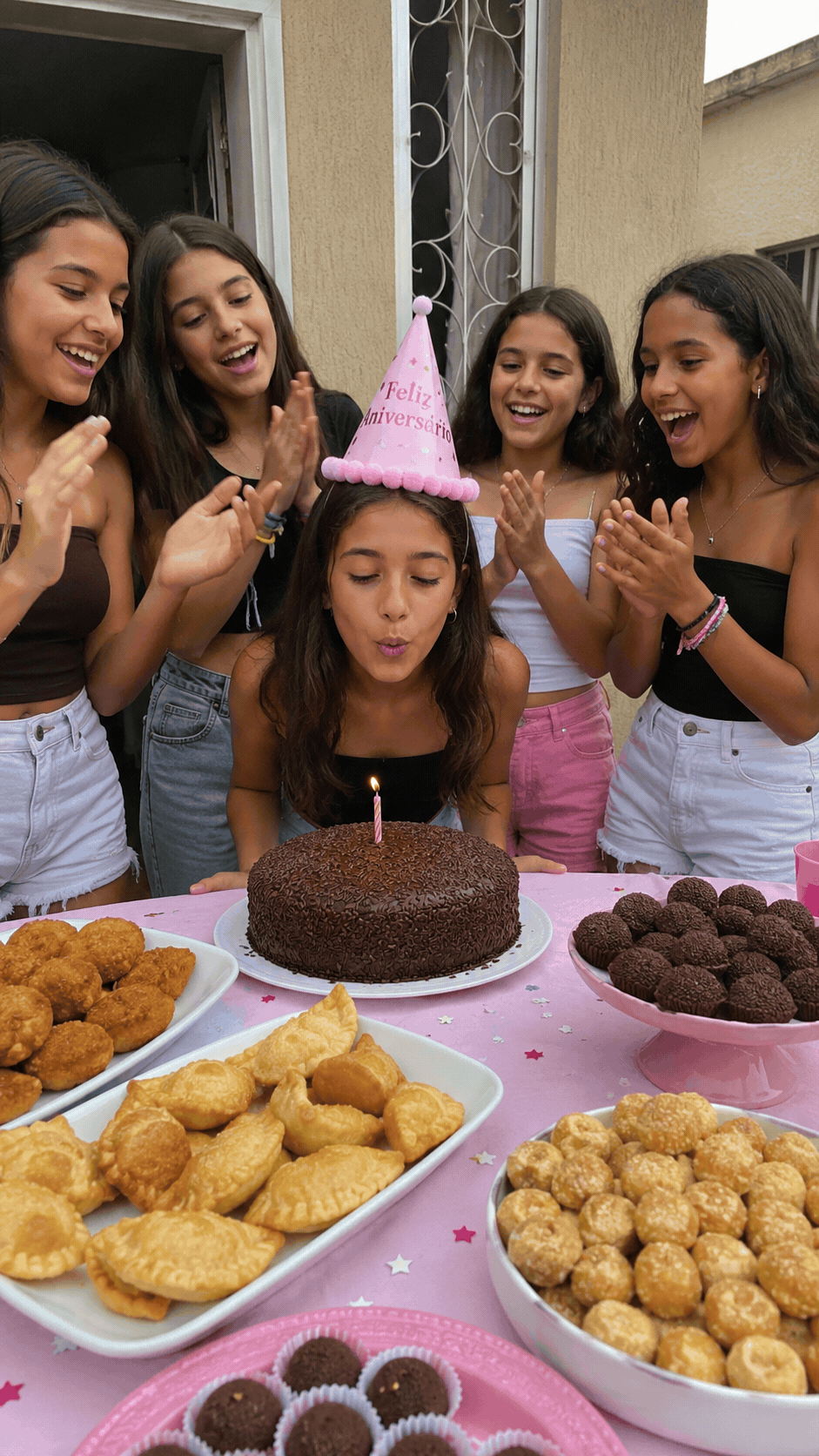 Grupo de amigas comemorando aniversário enquanto a aniversariante sopra a vela de um bolo de chocolate.
