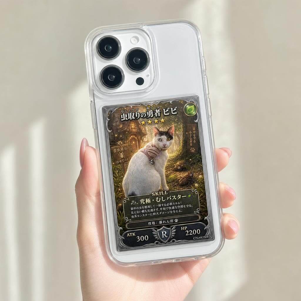 うちの子カードを印刷してスマホの裏に挟んだ様子 うちの子カードを印刷してスマホの裏に挟んだ様子