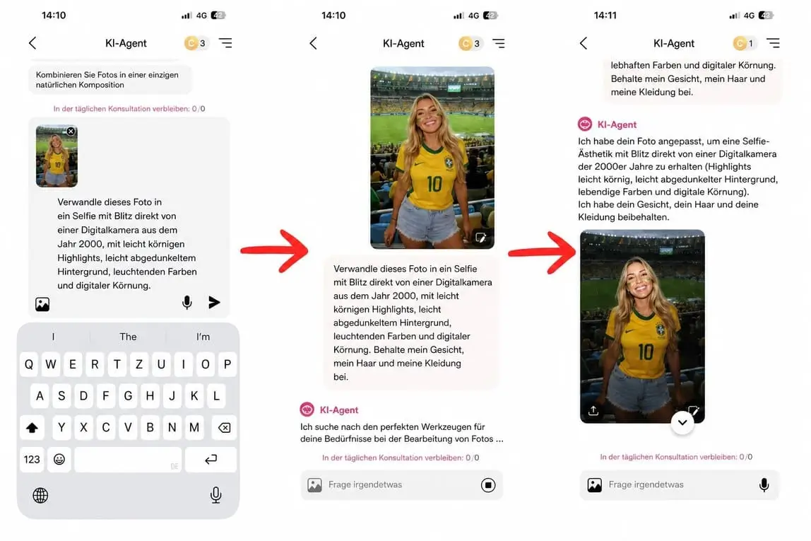 Tutorial im AI Agent von YouCam Makeup, das den Prompt und das Ergebnis eines Fotos mit Direktblitz im Y2K-Digicam-Stil der 2000er zeigt.