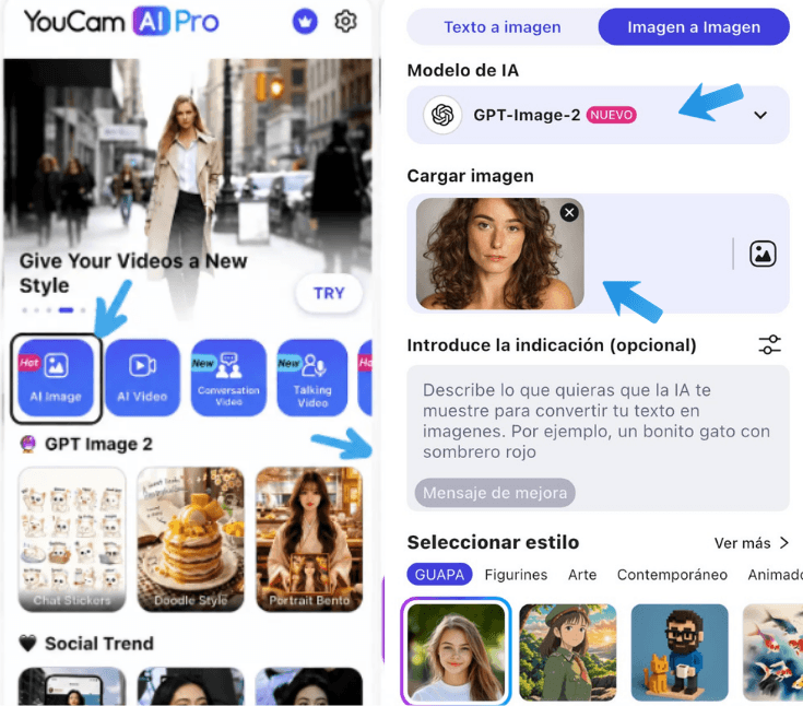 Usuario cargando una foto en YouCam AI Pro para generar una imagen con IA