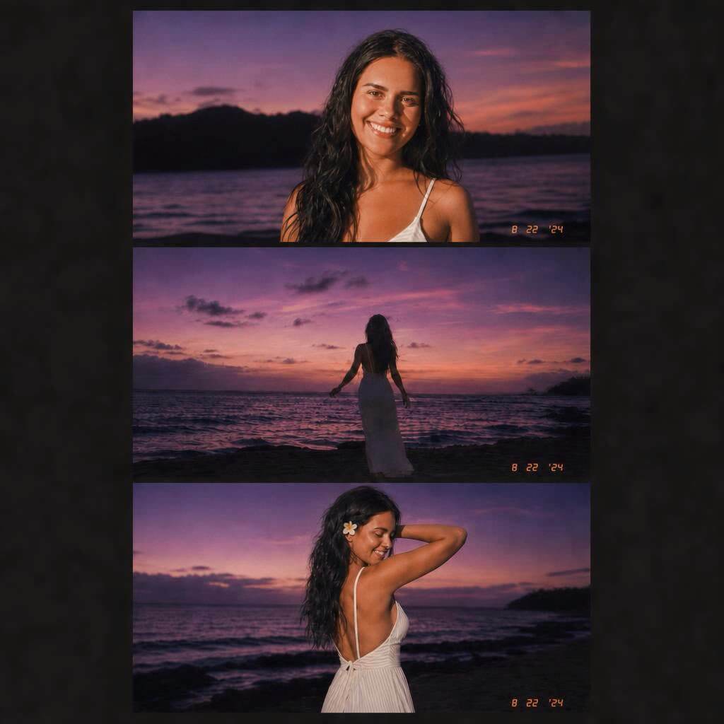 Sunset pic generada con IA de una mujer frente a un atardecer con tonos naranjas y violetas