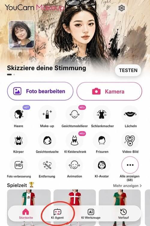 Startbildschirm von YouCam Makeup mit hervorgehobener AI-Agent-Option zum Erstellen und Bearbeiten von Fotos mit KI.