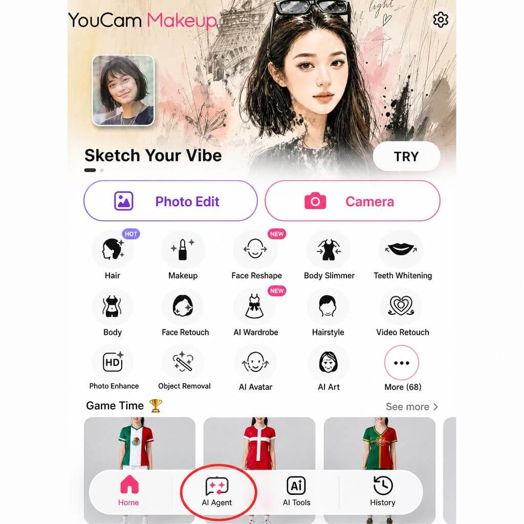 YouCam Makeup home screen with the AI Agent option highlighted to create and edit photos with AI.