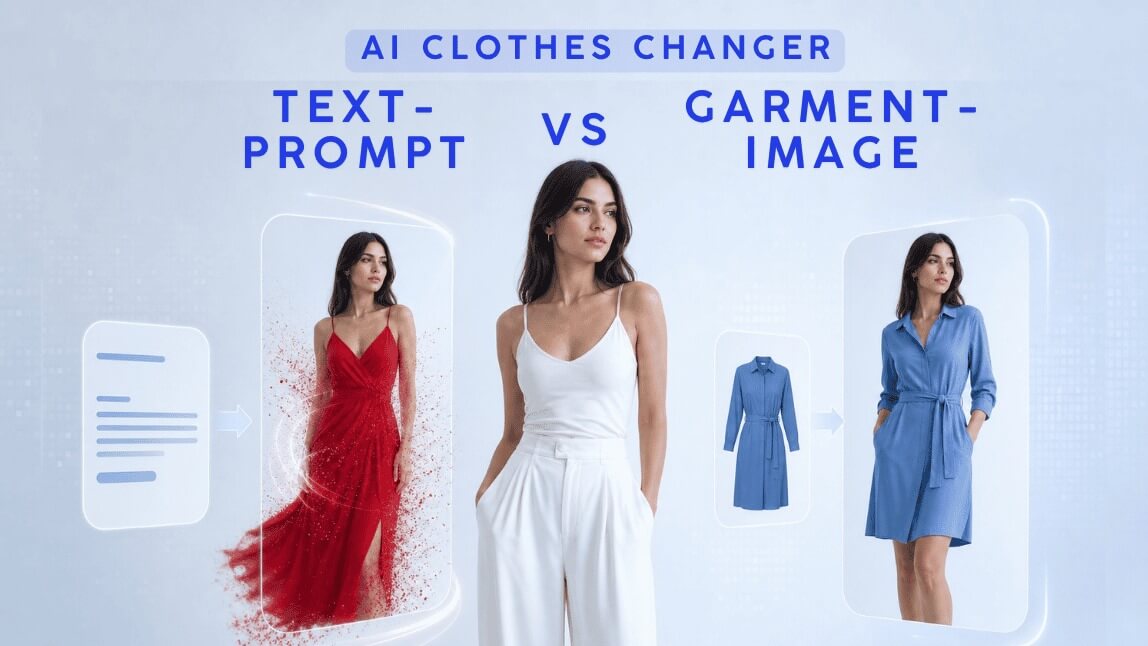 Text-prompt vs garment-image AI clothes changer showing generated fashion and product-based virtual try-on.