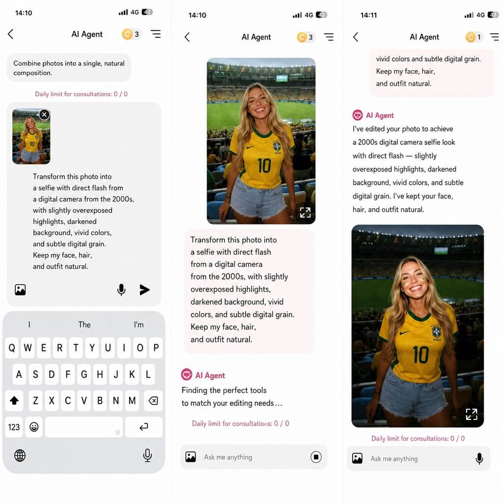 Tutorial in the YouCam Makeup AI Agent showing the prompt and the result of a direct-flash photo in 2000s digital camera style. Tutorial in the YouCam Makeup AI Agent showing the prompt and the result of a direct-flash photo in 2000s digital camera style.