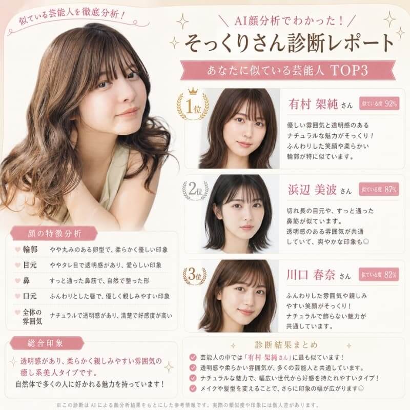 似てる芸能人をAIが診断し、そっくりさん診断レポートを作成 似てる芸能人をAIが診断し、そっくりさん診断レポートを作成