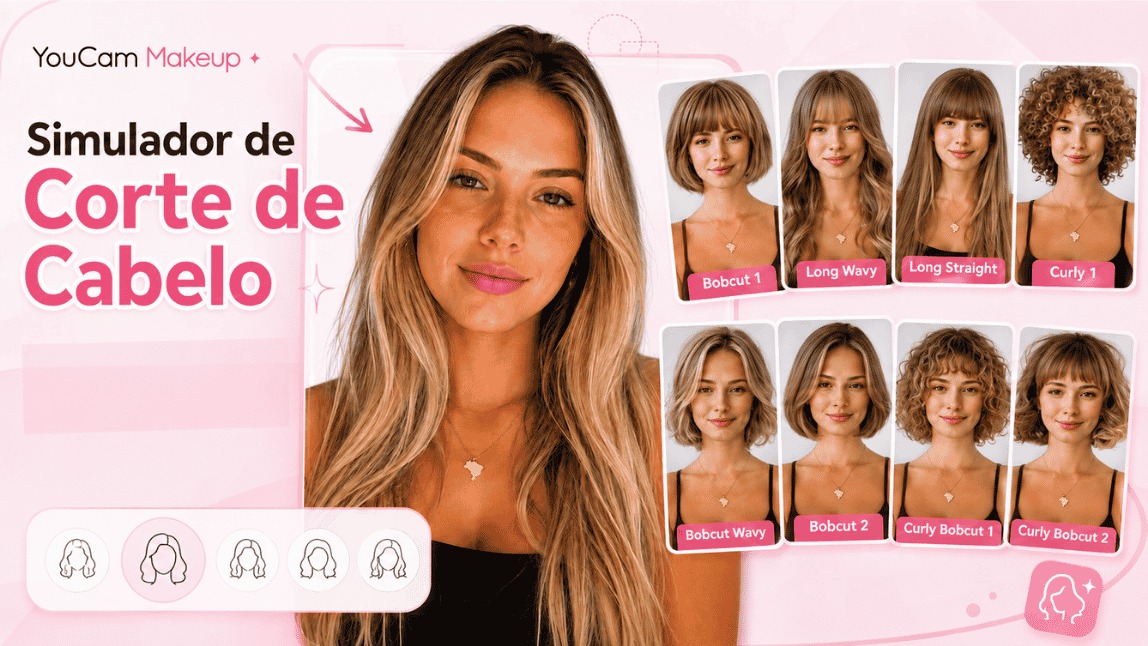 Banner do YouCam Makeup com simulador de corte de cabelo mostrando uma mulher loira e opções de estilos bob, longo, liso, ondulado e cacheado.