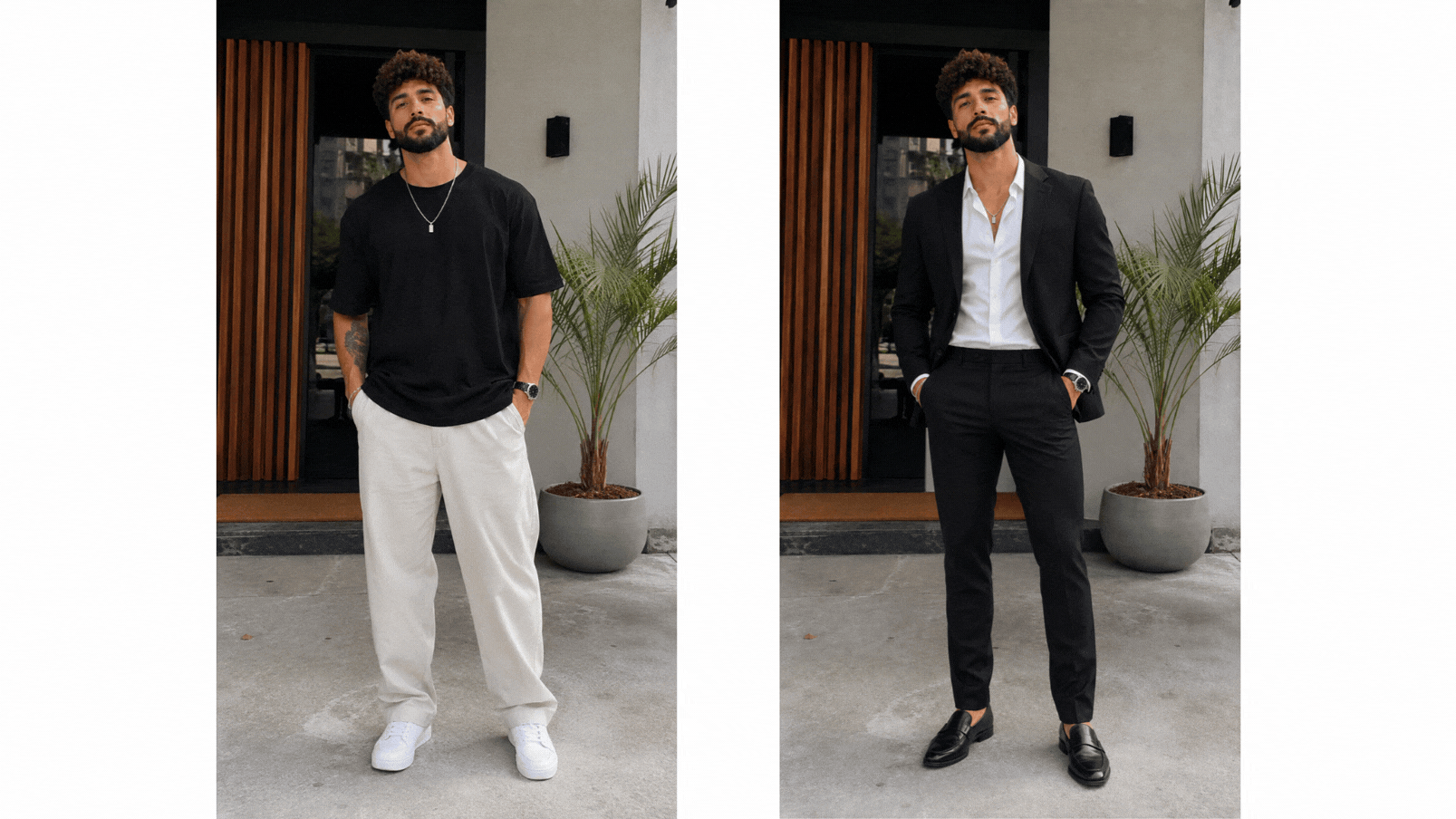 Antes e depois de um look masculino casual transformado em traje social com o Armário IA