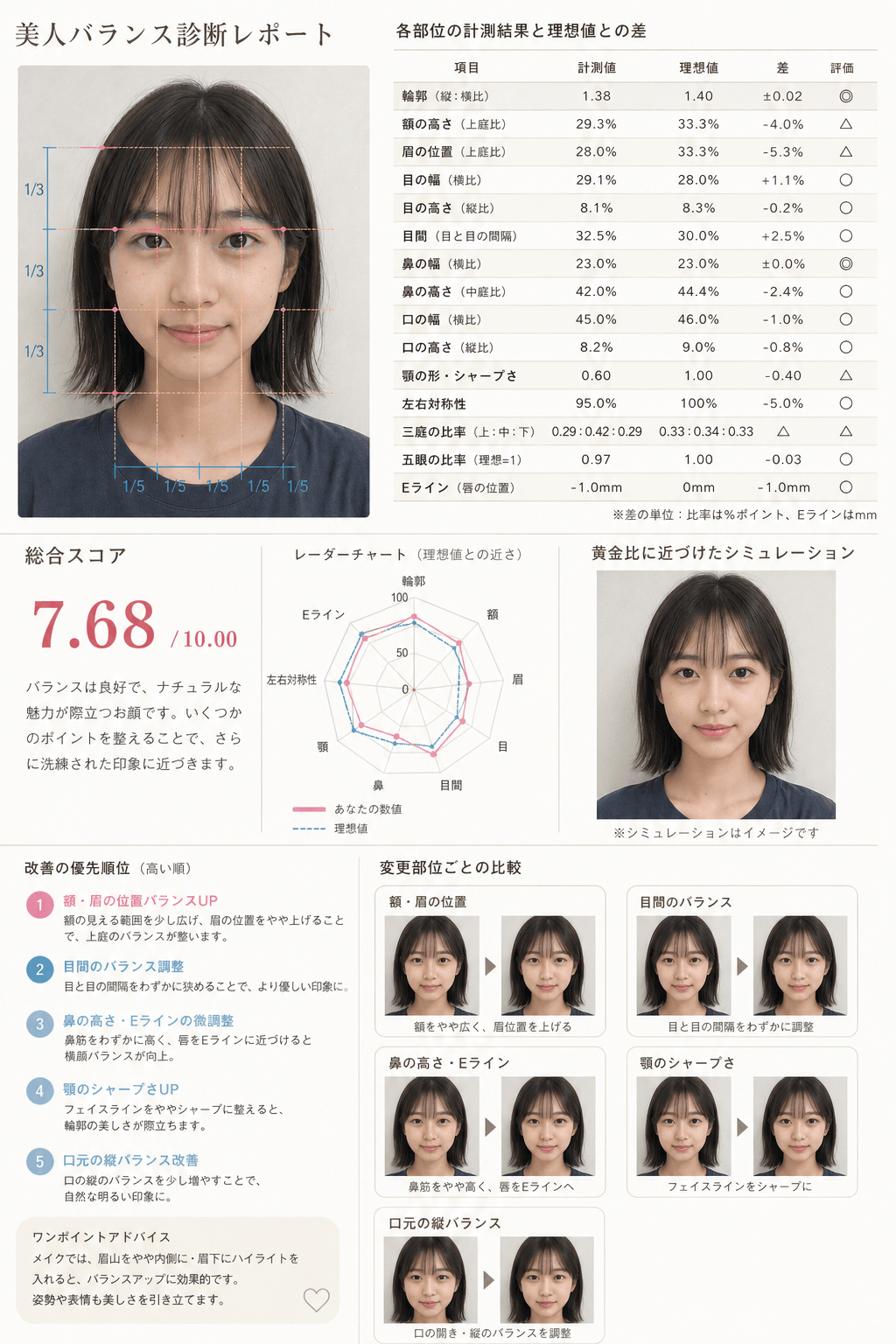 『YouCamメイク』で作成した黄金比の診断レポート