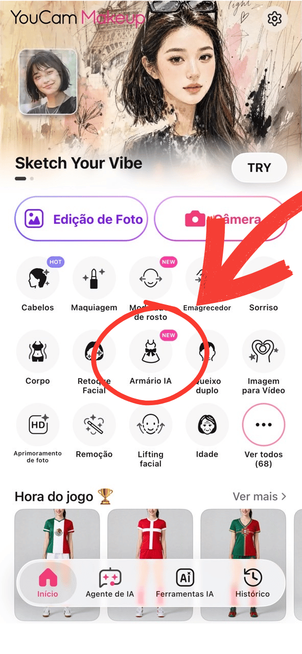 Tela inicial do YouCam Makeup destacando o recurso Armário IA entre as ferramentas de edição