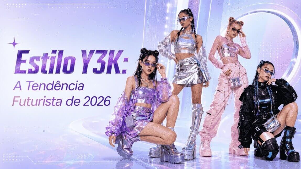 Capa do artigo sobre o estilo Y3K em 2026, com quatro mulheres usando looks futuristas metalizados em roxo, prata, rosa e preto.
