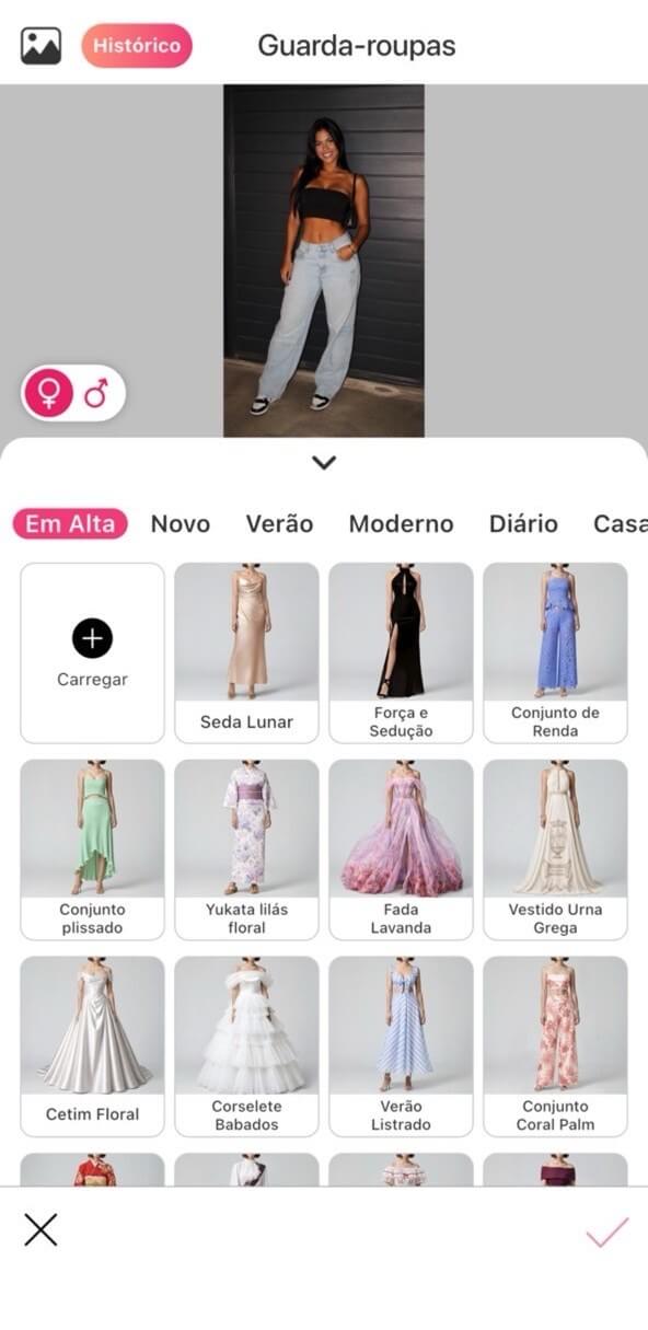 Tela do Armário IA com categorias de looks e opções para carregar roupas no guarda-roupa virtual