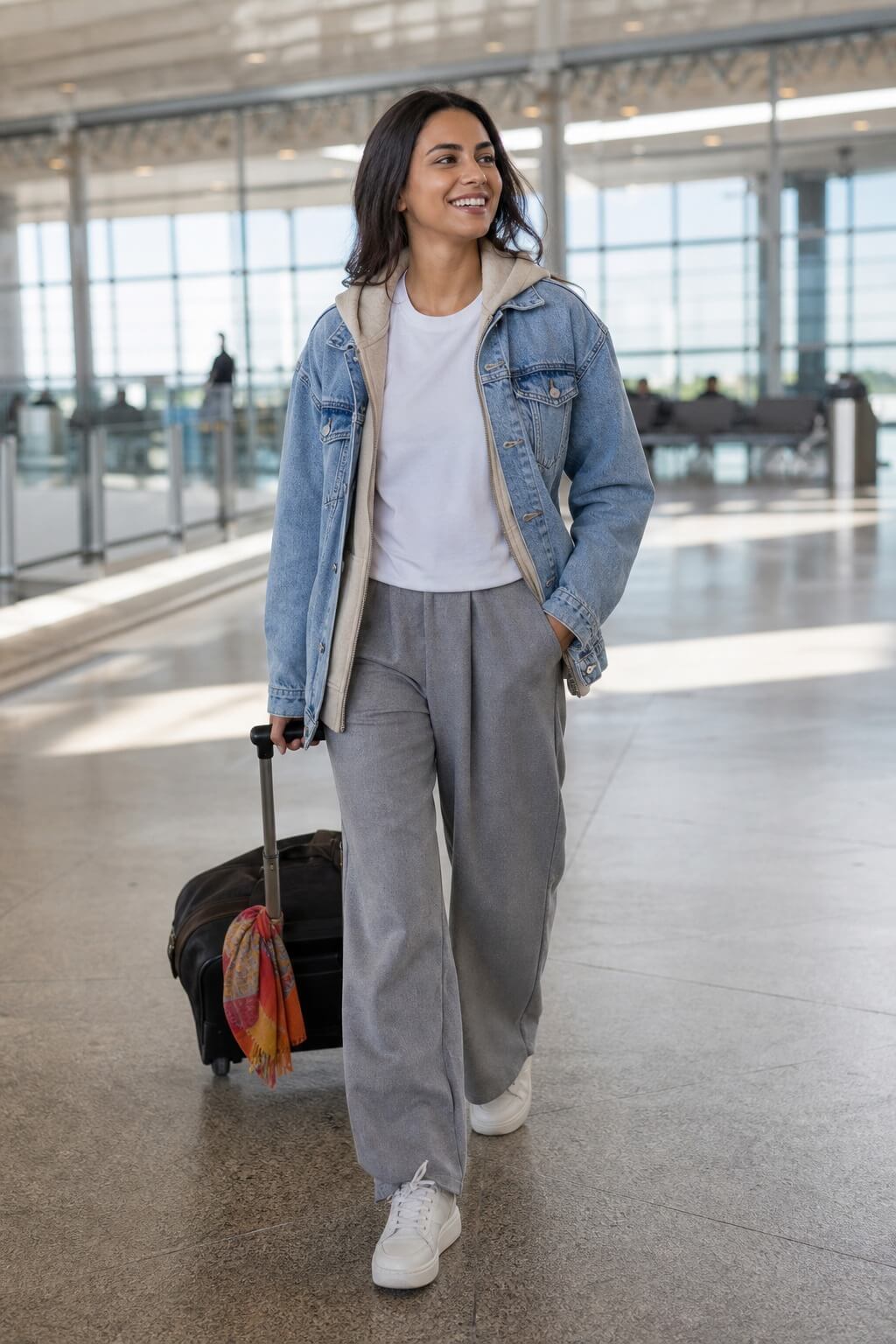 Look confortável para viagem no inverno com jaqueta jeans, moletom bege, calça wide leg cinza, tênis branco e mala.