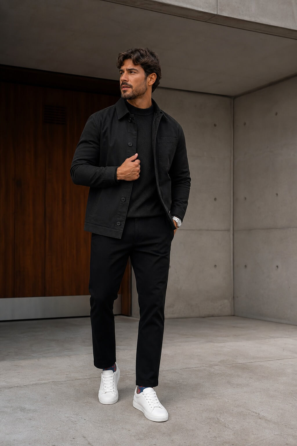 Homem brasileiro usando look monocromático preto e grafite com tricô canelado, jaqueta de sarja e tênis branco.