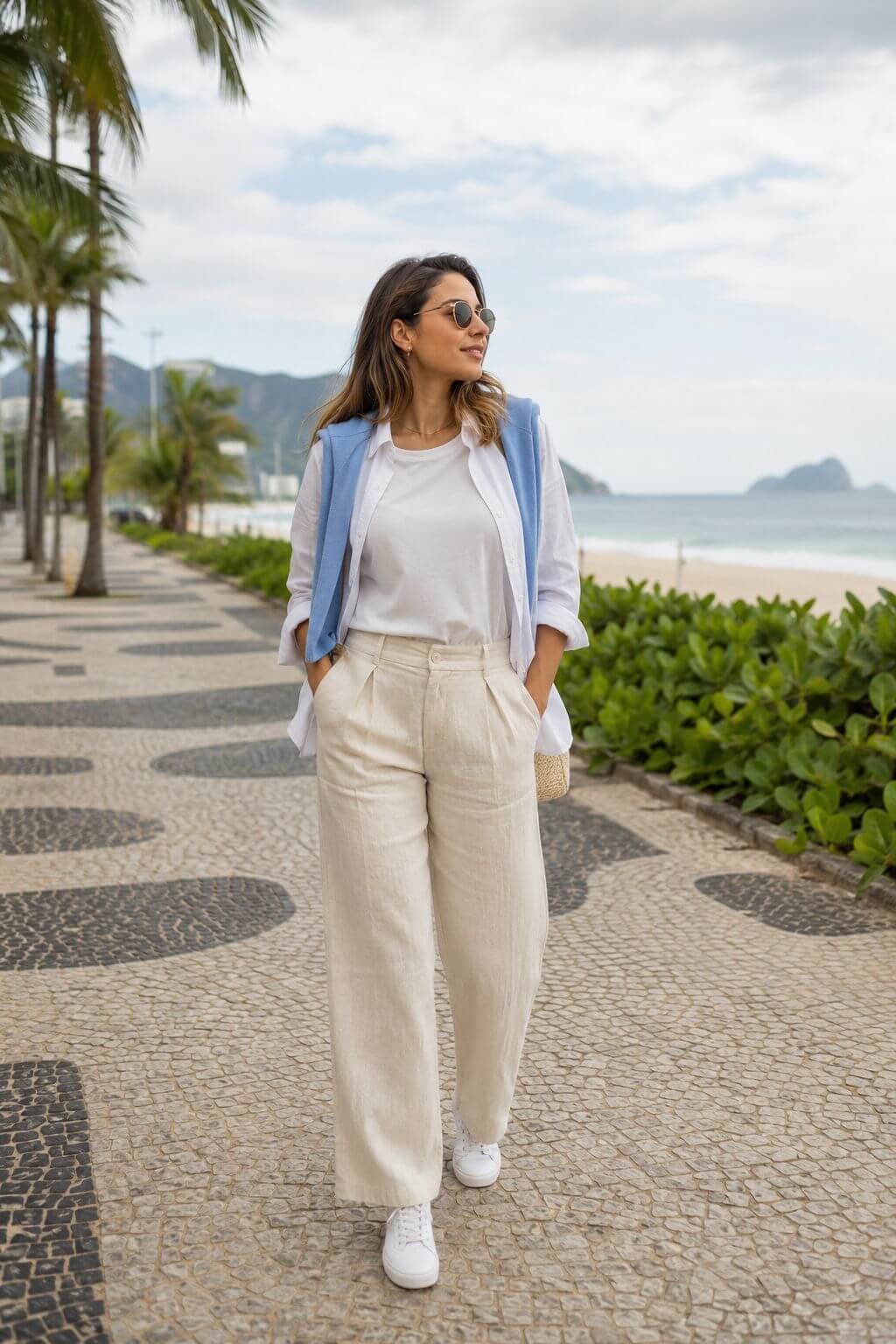 Look de inverno leve no litoral com calça de linho bege, camisa branca, cardigan azul-claro e tênis em calçadão à beira-mar.