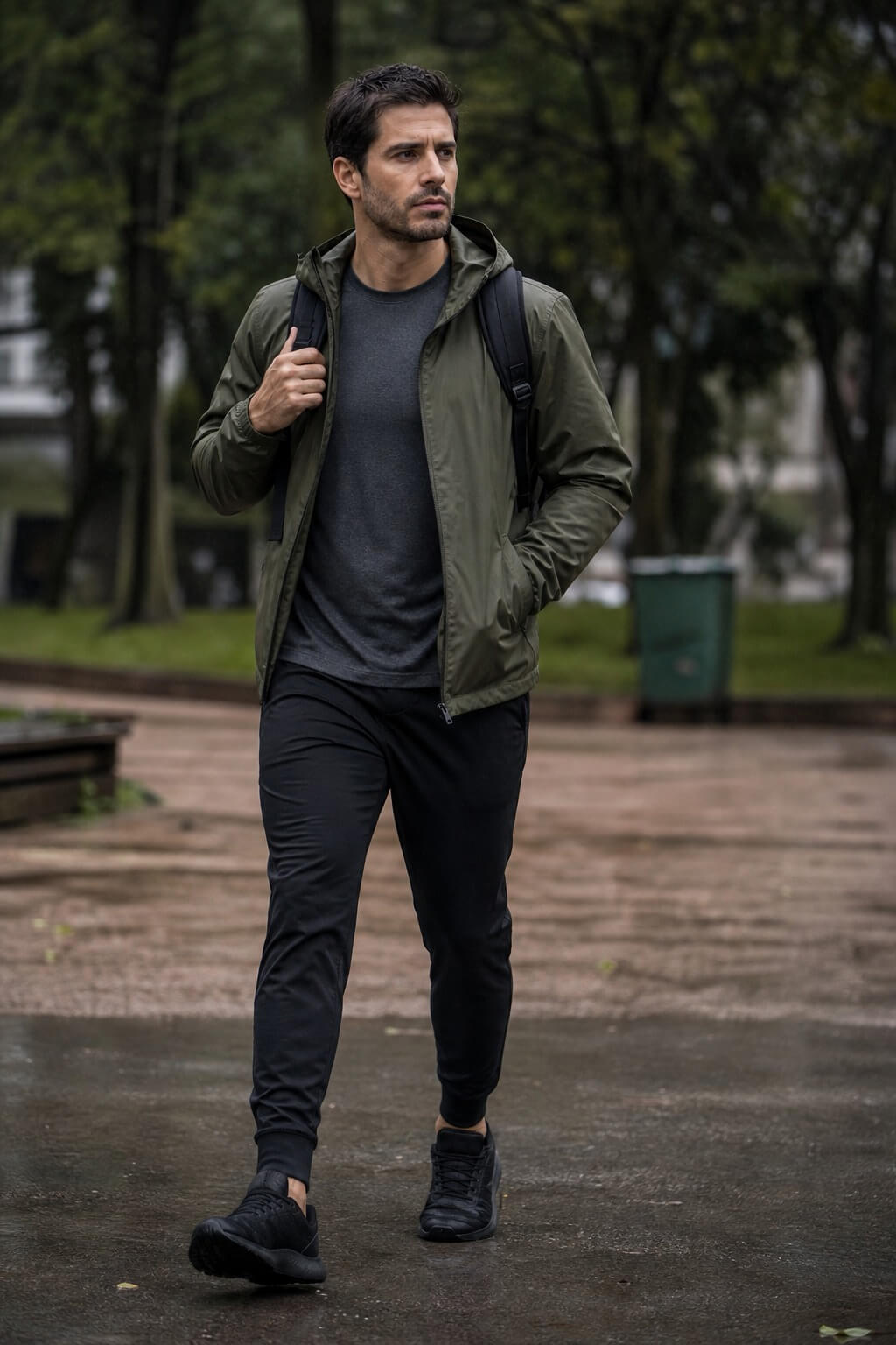 Homem brasileiro usando moletom preto, corta-vento verde-oliva, calça jogger, tênis esportivo e mochila em parque urbano.