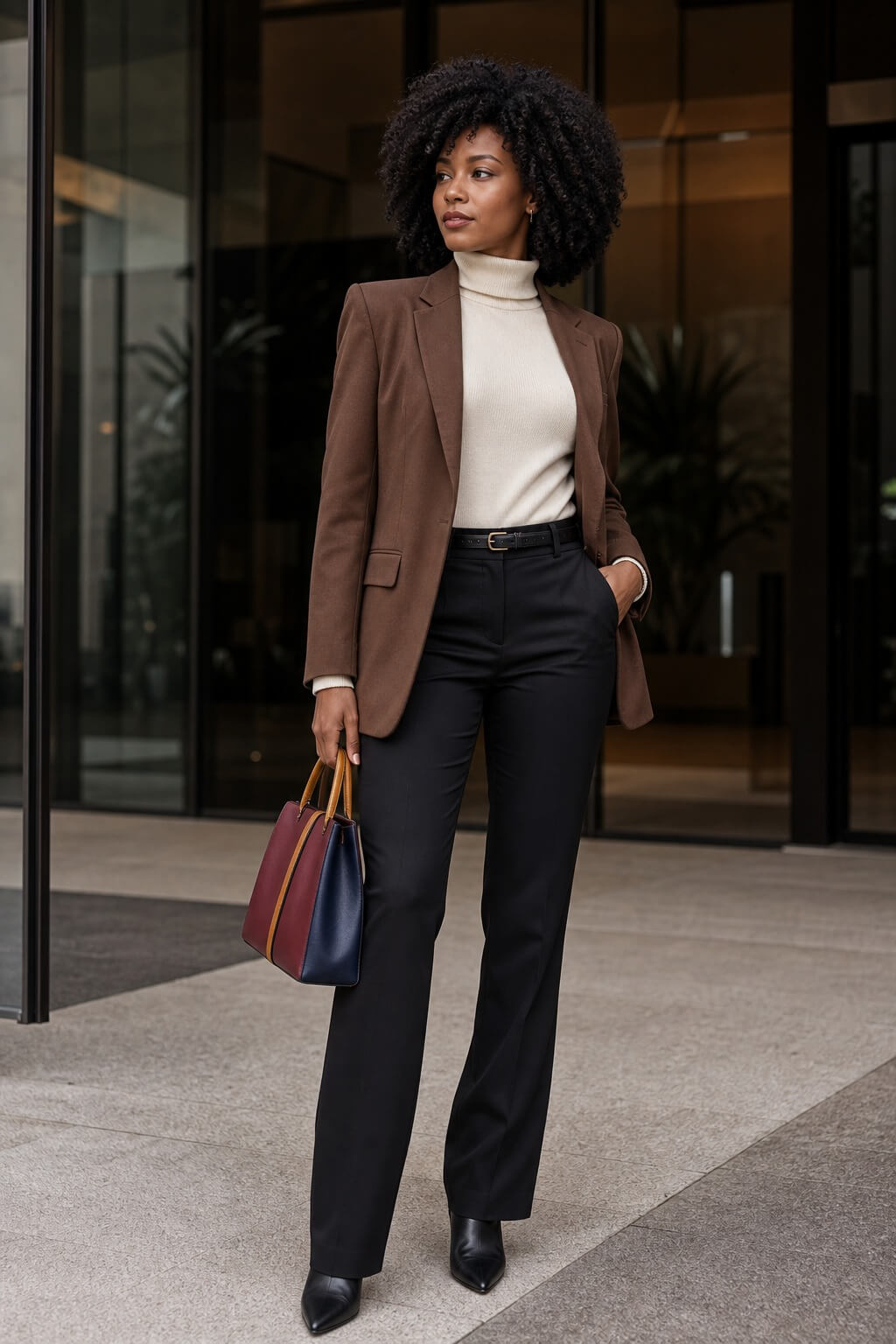 Mulher usando look de inverno para trabalho com blazer marrom, blusa de gola alta creme, calça de alfaiataria preta, botas e bolsa vinho.