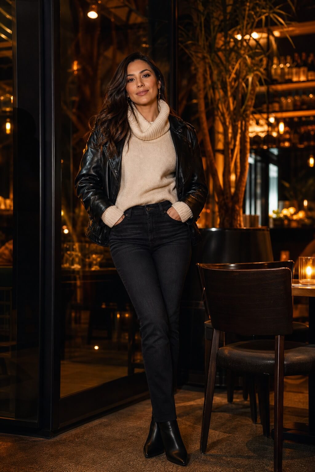 Mulher usando look de inverno com jaqueta de couro preta, suéter creme de gola alta, calça jeans escura e botas pretas em restaurante aconchegante.