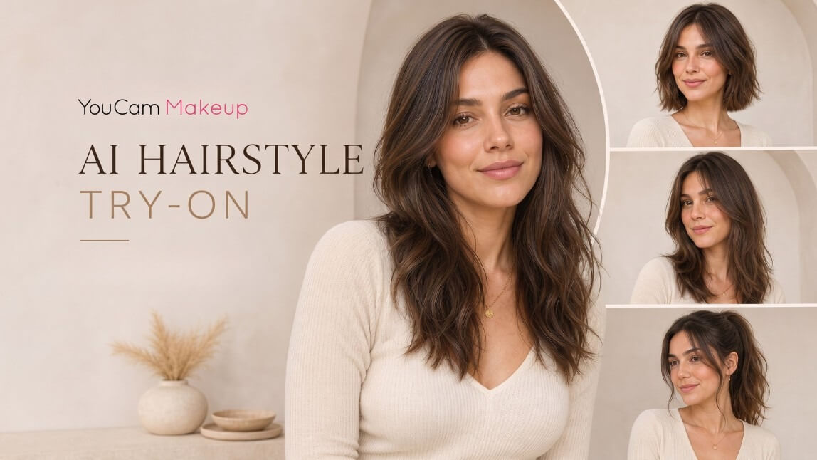 YouCam Makeup AI Hairstyle Try-On mit einer Frau und verschiedenen digitalen Frisuren-Vorschauen.