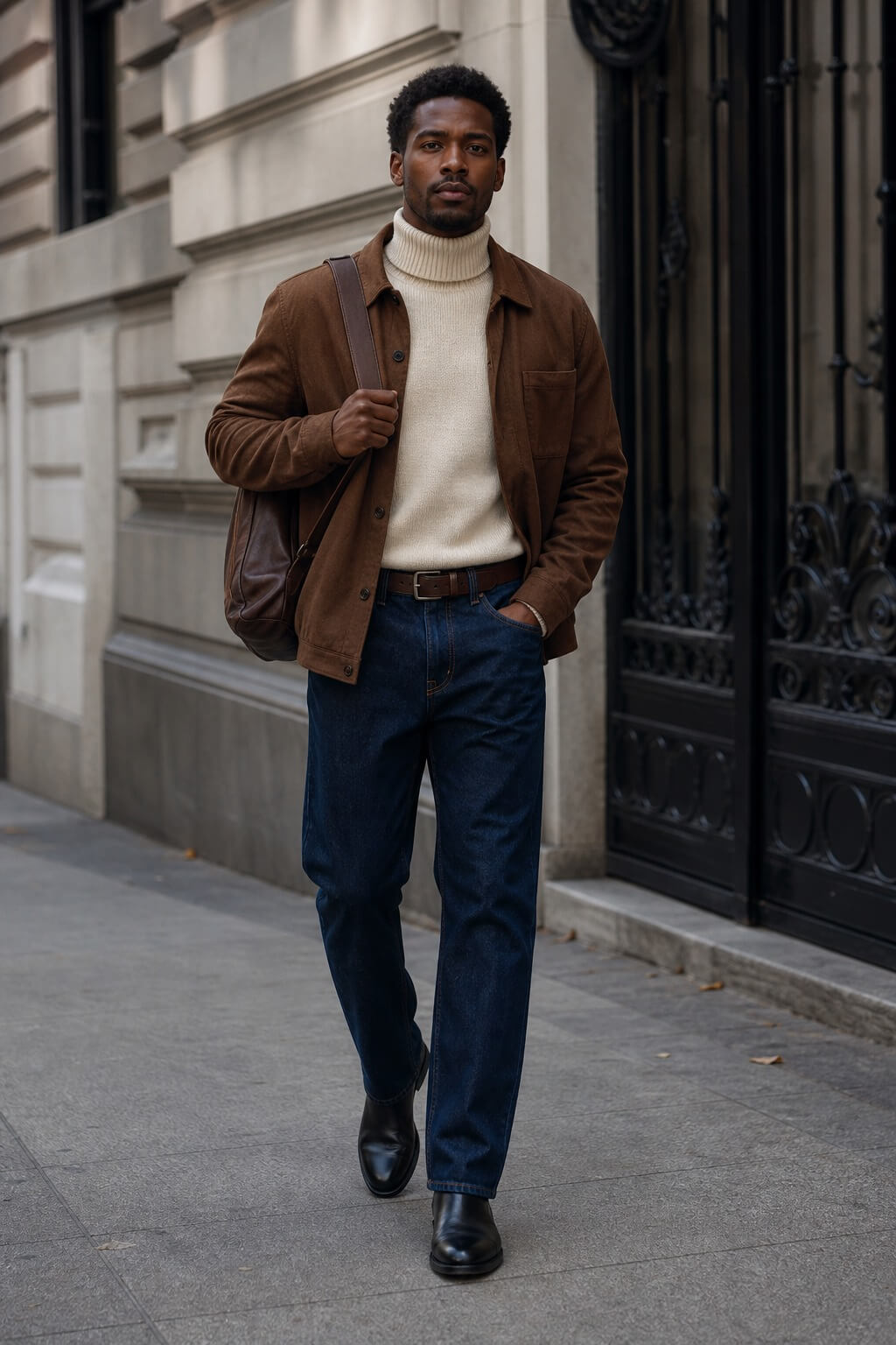 Homem brasileiro usando calça jeans reta azul-escura, suéter de gola alta creme, cinto discreto e botas de couro em rua urbana no inverno.