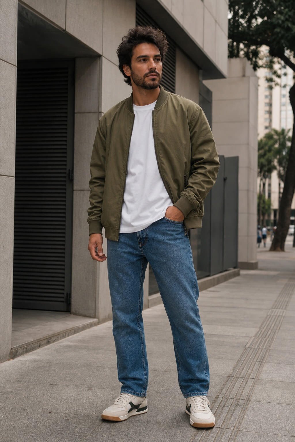 Homem brasileiro usando jaqueta bomber verde-oliva, camiseta branca, calça jeans reta e tênis retrô em cenário urbano.