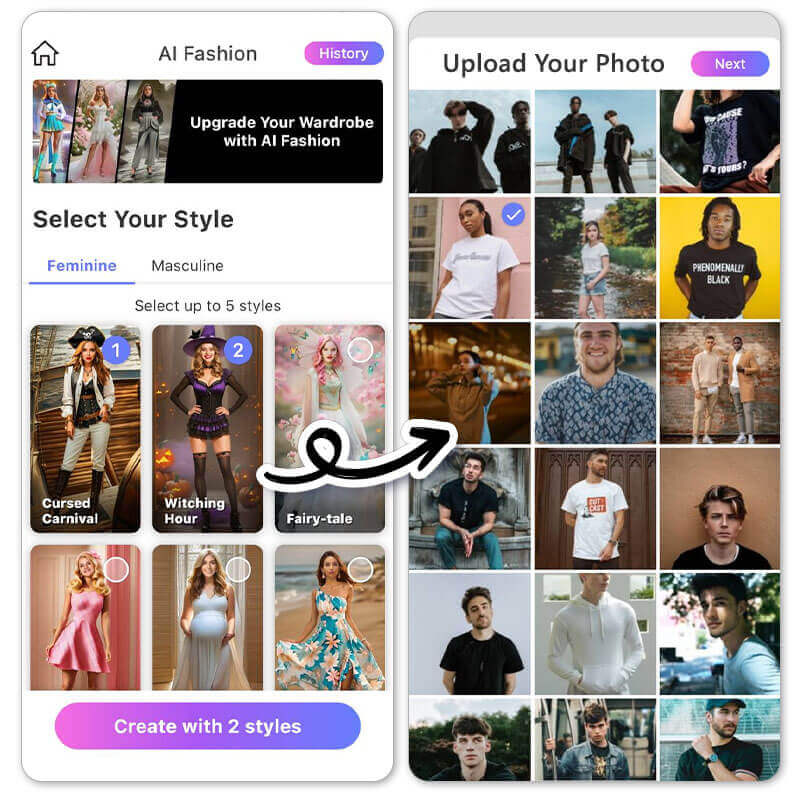 Choose AI Outfit Styles Choose AI Outfit Styles in the YouCam Perfect App