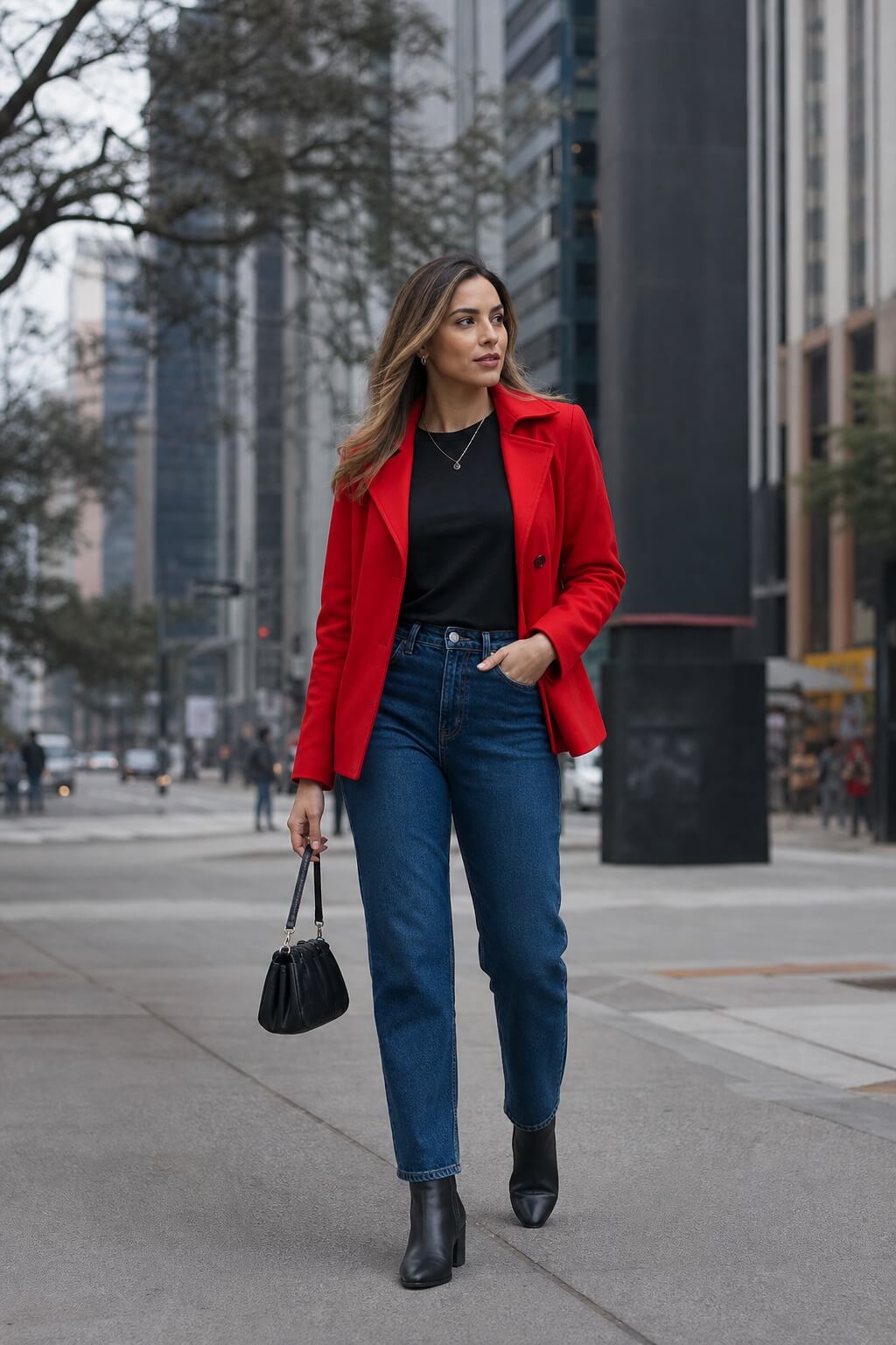 Look de inverno feminino com blazer vermelho, camiseta preta, calça jeans e botas pretas em cenário urbano.