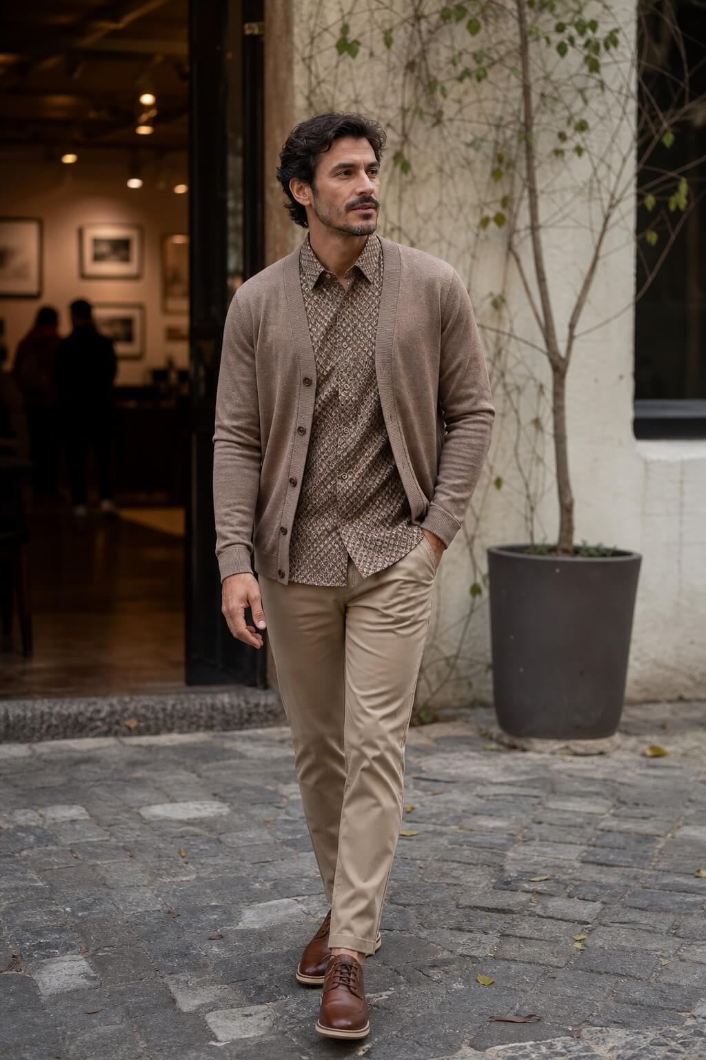 Homem brasileiro com camisa estampada em tons terrosos, cardigan marrom-claro, calça de sarja bege e sapatos casuais de couro.