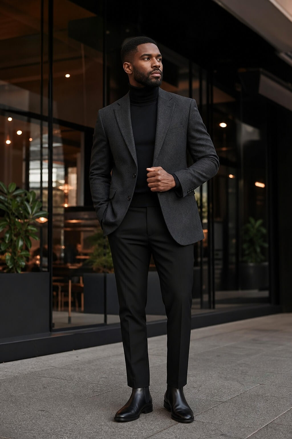 Homem brasileiro com blusa de gola alta preta, blazer cinza-chumbo, calça de alfaiataria preta e botas Chelsea.