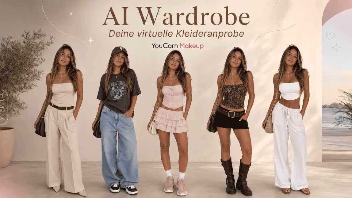 Virtuelle KI-Anprobe in YouCam Makeup mit fünf Damen-Looks im KI-Kleiderschrank