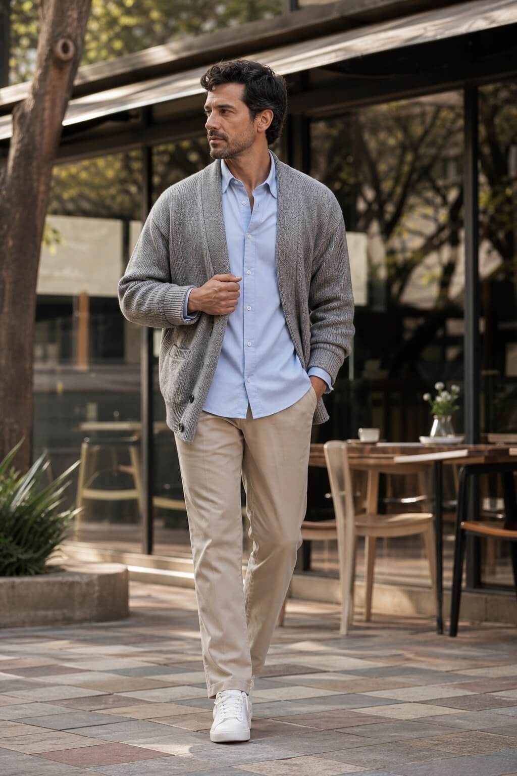 Homem brasileiro com camisa azul-clara, cardigan de tricô cinza, calça reta de alfaiataria bege e tênis de couro branco.