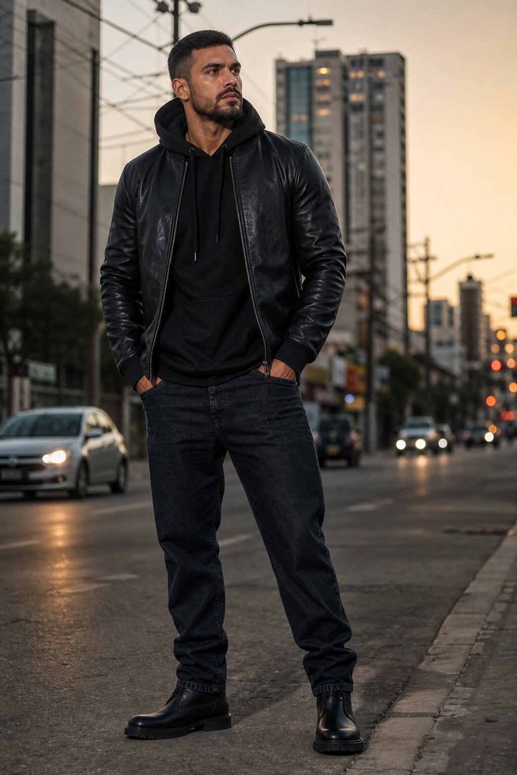 Homem brasileiro usando moletom preto com capuz, jaqueta de couro, calça jeans escura e botas pretas em look urbano de inverno.