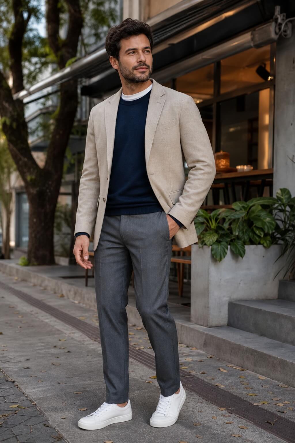 Homem brasileiro com camiseta branca, suéter azul-marinho, calça de alfaiataria cinza, blazer bege e tênis branco.