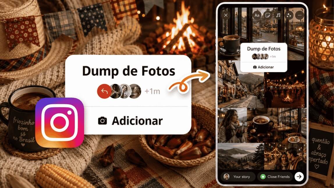 Exemplo de Story no Instagram com colagem de fotos aesthetic e o sticker de Dump de Fotos.