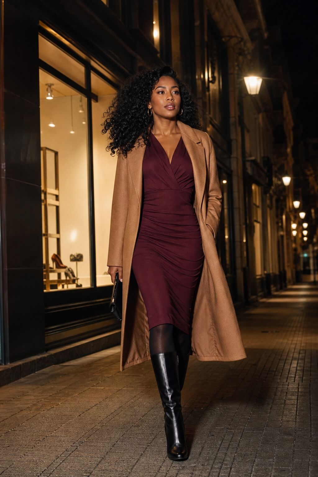 Mulher usando vestido midi vinho, meia-calça preta, sobretudo camel e botas longas em um look elegante de inverno.