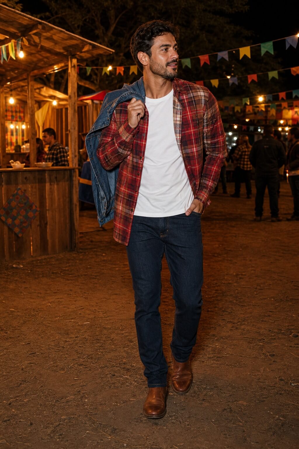 Homem brasileiro usando camisa xadrez vermelha e marrom sobre camiseta branca, calça jeans escura e botas em festa junina.