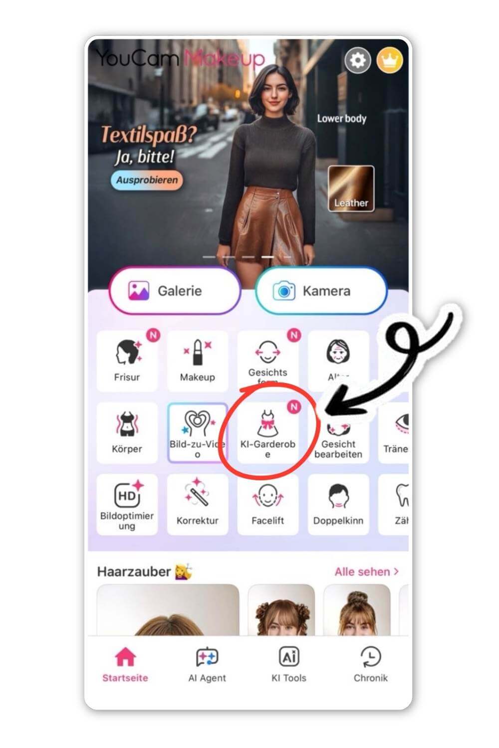 Startbildschirm von YouCam Makeup mit dem hervorgehobenen KI-Kleiderschrank unter den Bearbeitungstools