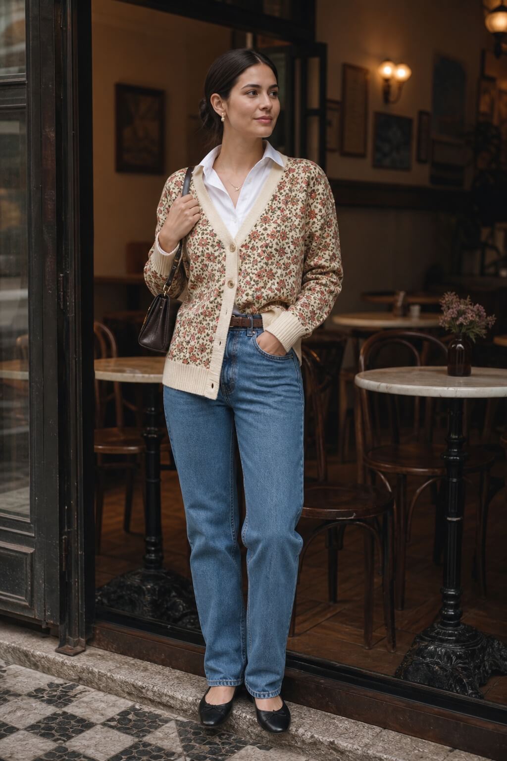 Look vintage de inverno com cardigan floral, camisa branca, calça jeans e sapatilhas pretas em uma cafeteria.
