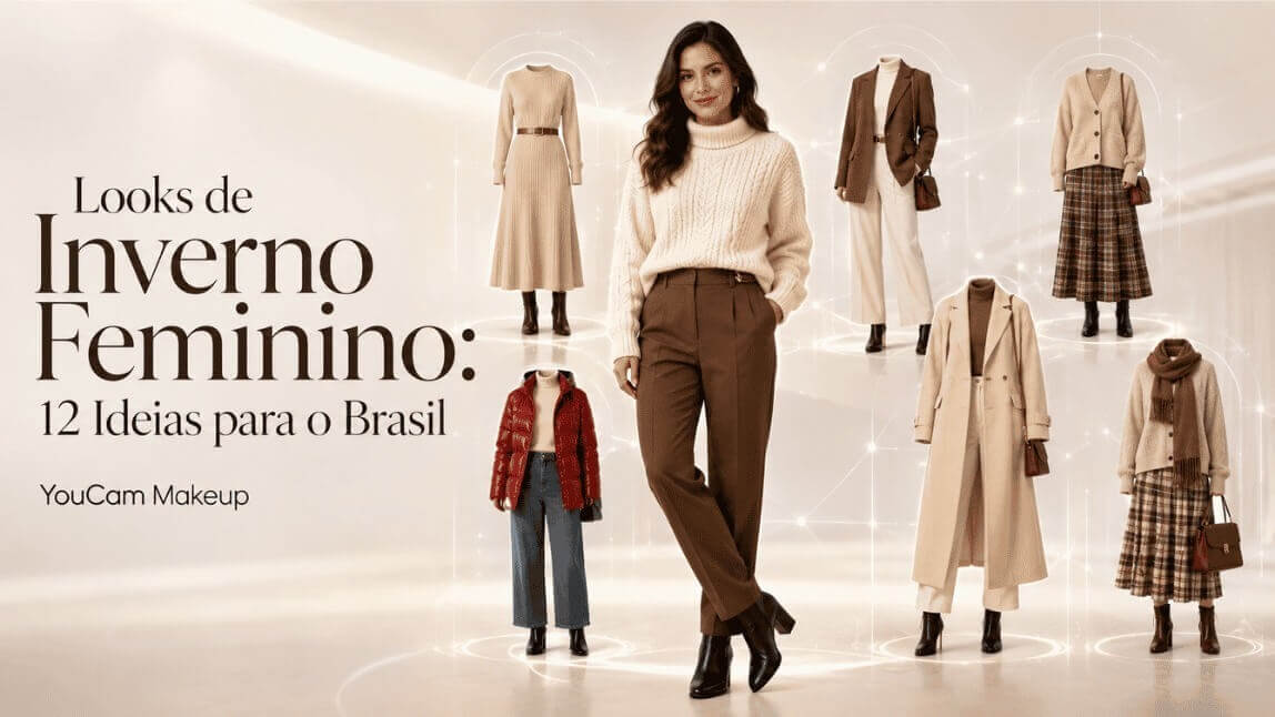 Capa do artigo sobre looks de inverno feminino no Brasil, com mulher usando suéter creme, calça marrom e botas, cercada por diferentes ideias de roupas de inverno.