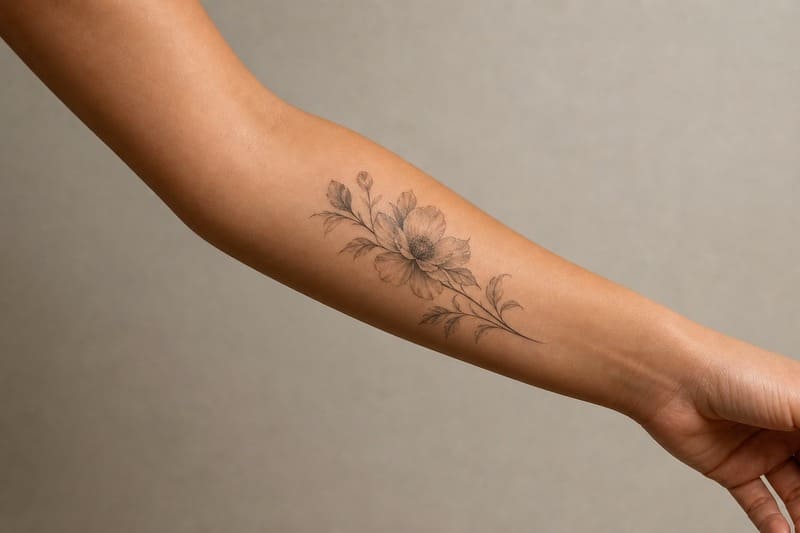 Nahaufnahme eines floralen Tattoos am Unterarm einer Frau auf neutralem Studiohintergrund.