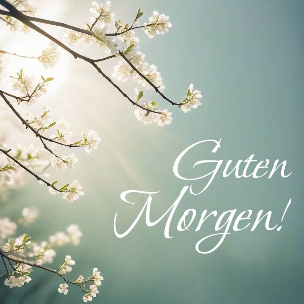 Motivierendes Guten-Morgen-Bild mit Natur: Sonnenstrahlen scheinen durch blühende Zweige.