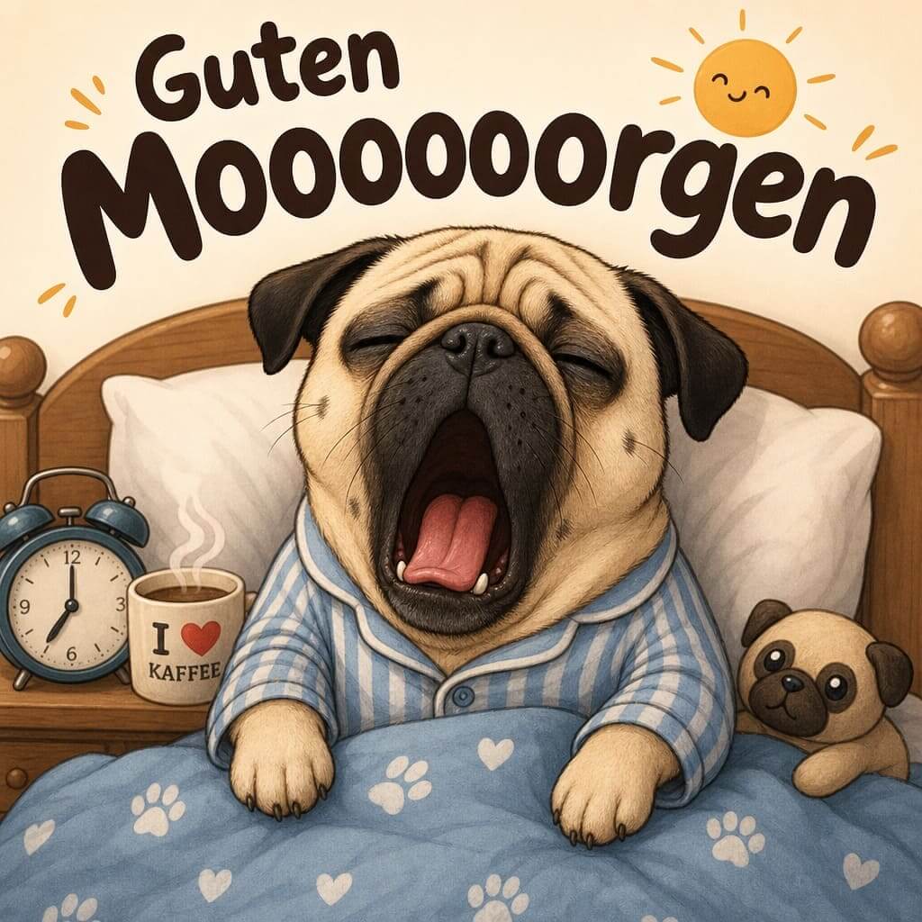 Lustiges Guten-Morgen-Bild für WhatsApp: Ein süßer Hund gähnt herzhaft.