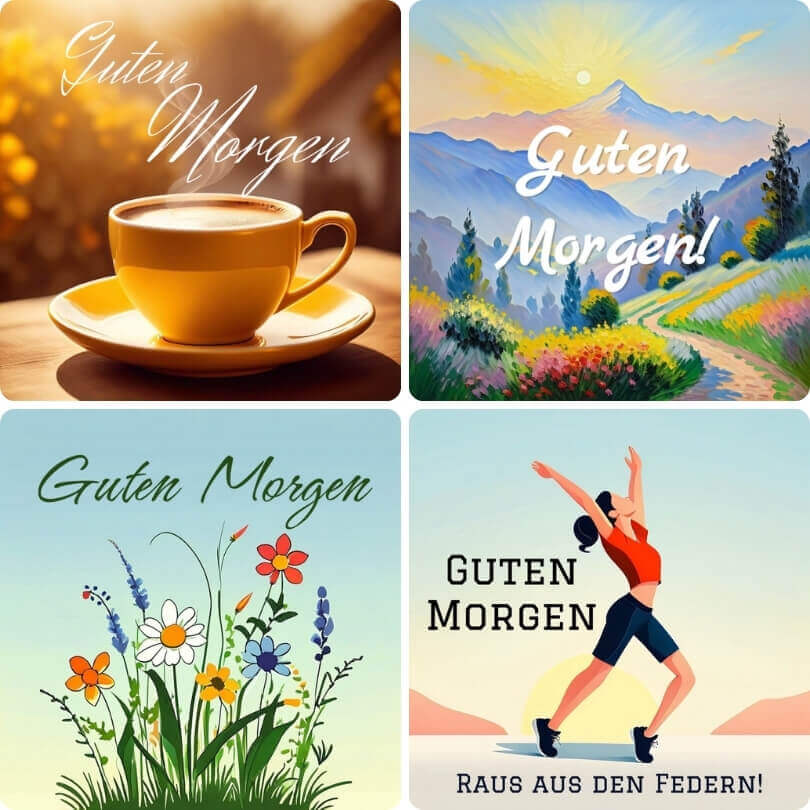 Vier verschiedene, mit KI erstellte Guten-Morgen-Bilder für WhatsApp: Kaffeetasse, Berglandschaft, Sonnenaufgang und Katze.