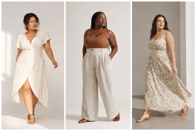 Drei feminine Sommer-Outfits für Damen, darunter ein Wickelkleid, eine weit geschnittene Hose und ein geblümtes Kleid.