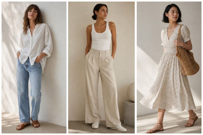 Drei Sommeroutfits für Damen in neutralen Tönen, darunter Jeans, weite Hosen und ein leichtes Kleid.