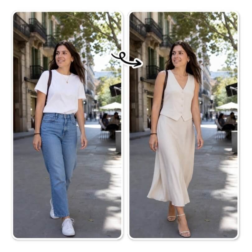 Vorher-Nachher-Vergleich eines Casual-Outfits: weiße Bluse und Jeans werden zu einem eleganten Look mit weißem Kleid.