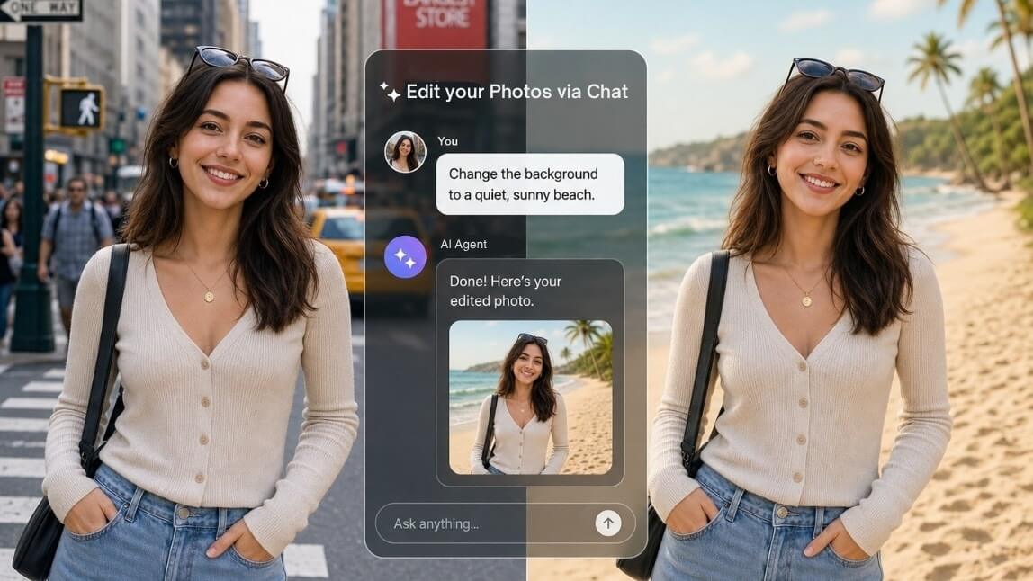 Split-screen before-and-after photo edit with an AI Chat. On the left, a smiling woman stands on a busy city street; on the right, she is set against a sunny beach background.