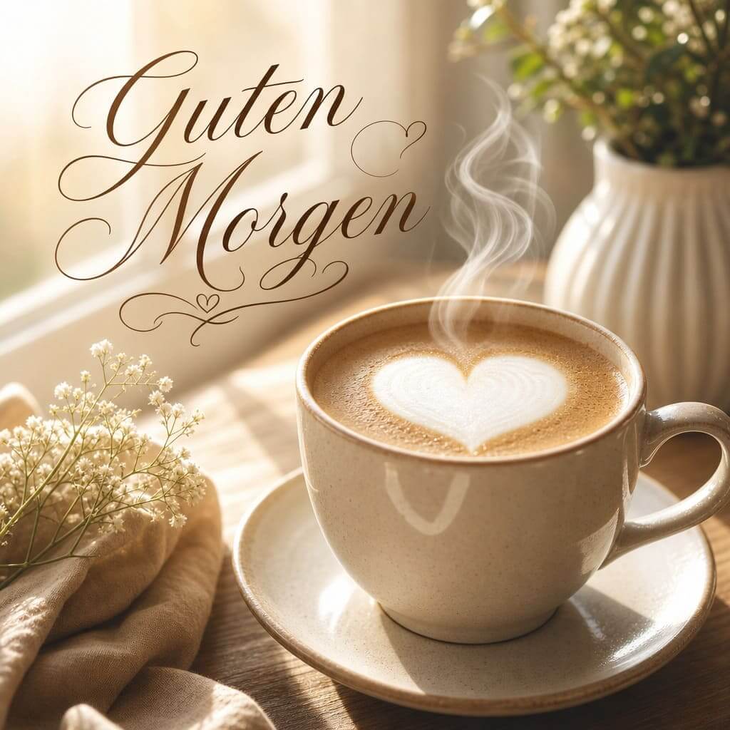 Romantisches Guten-Morgen-Bild mit einer Tasse Kaffee und Herz-Latte-Art.